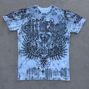 Y2K Affliction Velvet Winged Cross AOP Graphic Shirt (S)